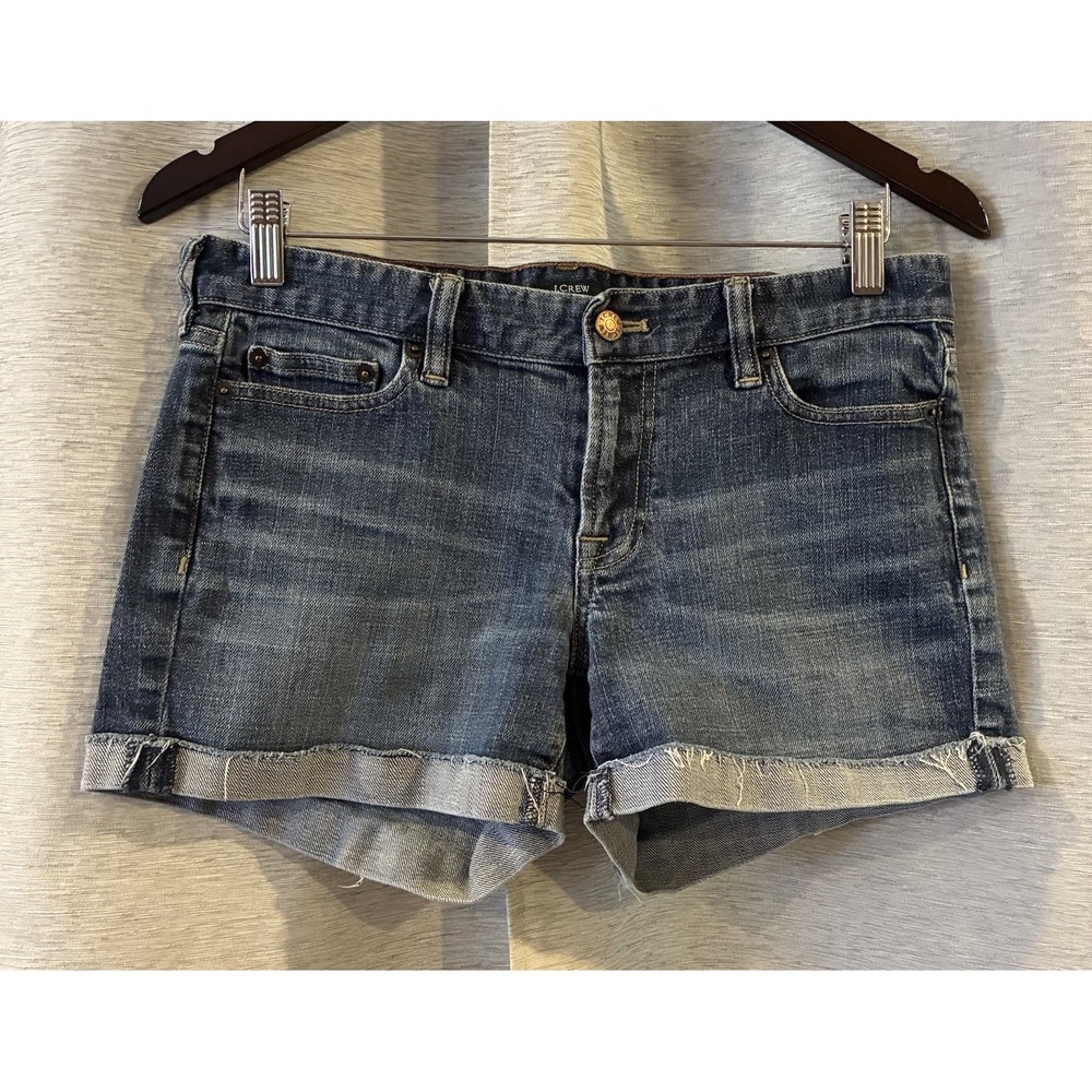 J. Crew Womens Hipslung Cotton Distressed Cuffed Blue Jean Shorts Size 4 Denim